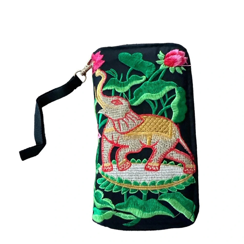 Black Embroidered Elephant Design Wallet Wristlet Brand New